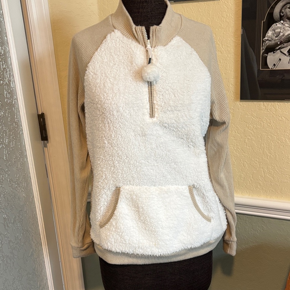 CuddL duds Cozy Sherpa Half-Zip Pullover top in Cream and Tan with pants NWOT  M